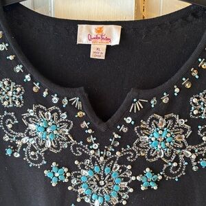 Quacker Factory Black Sweater with Blue and Silver Embellishments